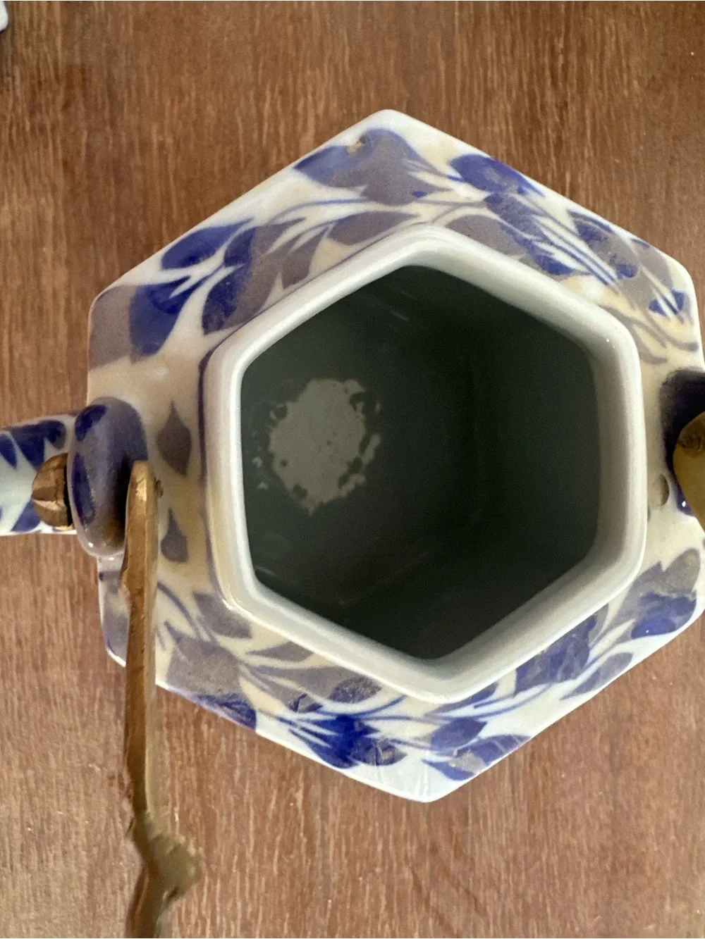 FLORENCE Blue and White Floral Ceramic Teapot with Brass Handle